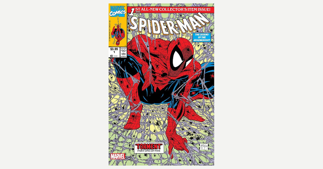 Portada de Spider-Man número 1 de 1990, dibujada por Todd McFarlane, con la franja de artículo de coleccionista