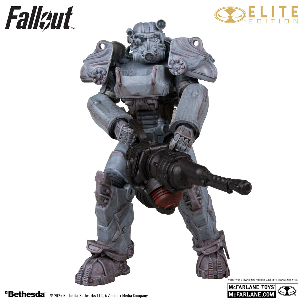Servoarmadura T-60 de Fallout 76 de cuerpo entero, empuñando la minigun con las dos manos