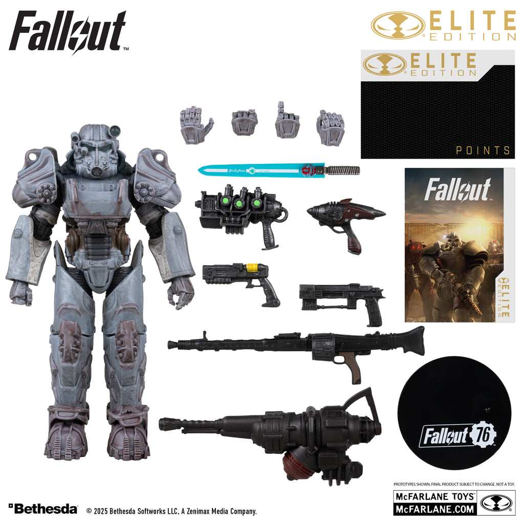 Todos los accesorios incluidos con la servoarmadura T-60: cuatro manos, seis armas, base, tarjeta de Elite Points y lámina de arte
