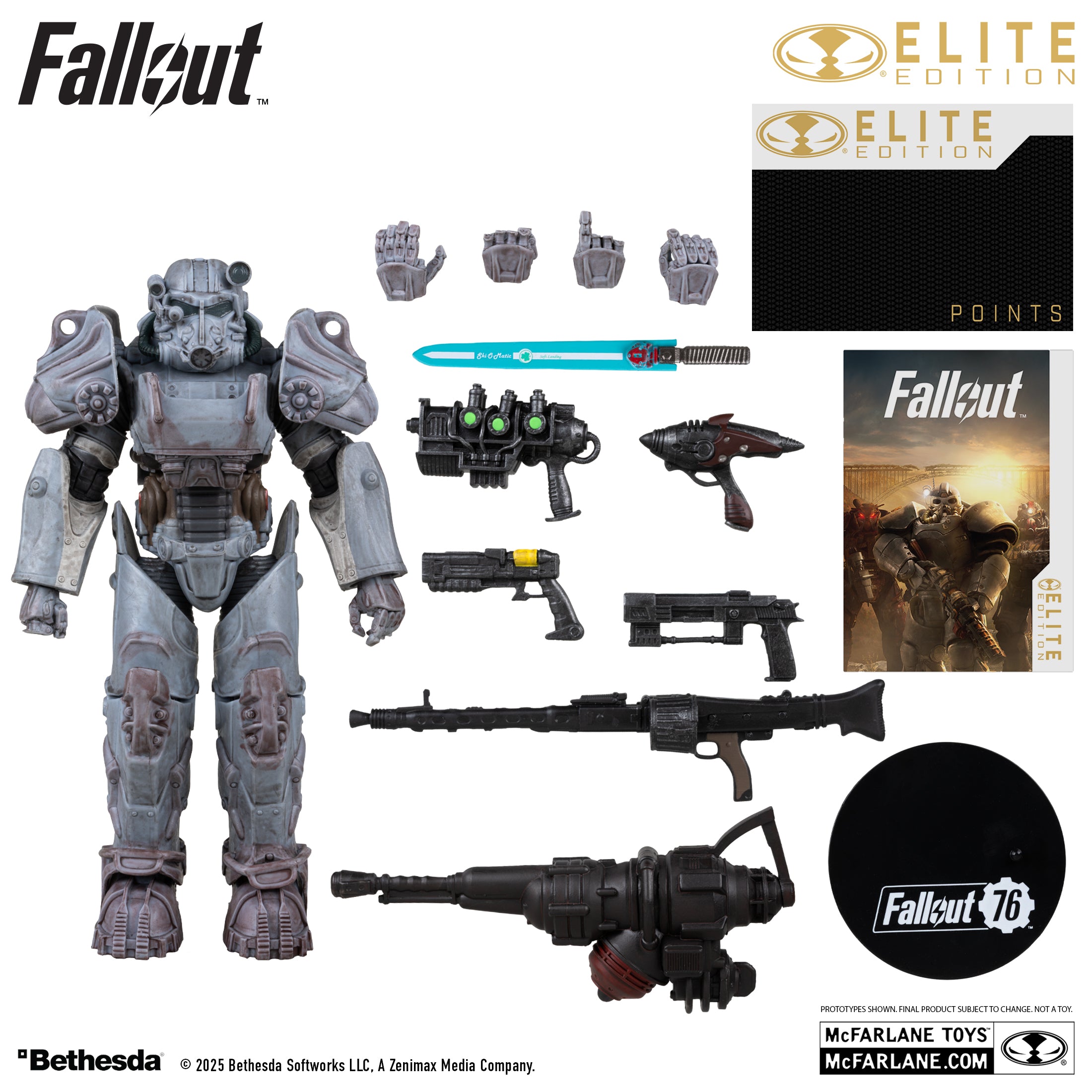Todos los accesorios incluidos con la servoarmadura T-60: cuatro manos, seis armas, base, tarjeta de Elite Points y lámina de arte