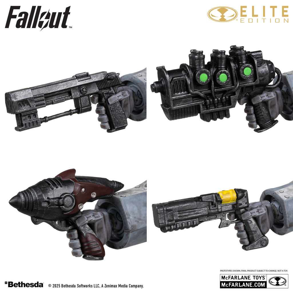 Detalle de cuatro de las armas incluidas en las manos de la T-60: ametralladora, arma láser de tres celdas, blaster alienígena y pistola