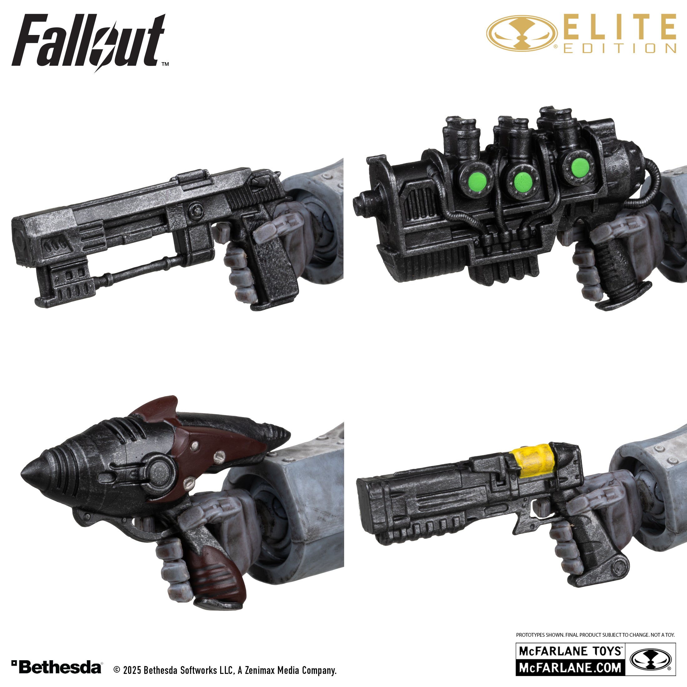 Detalle de cuatro de las armas incluidas en las manos de la T-60: ametralladora, arma láser de tres celdas, blaster alienígena y pistola