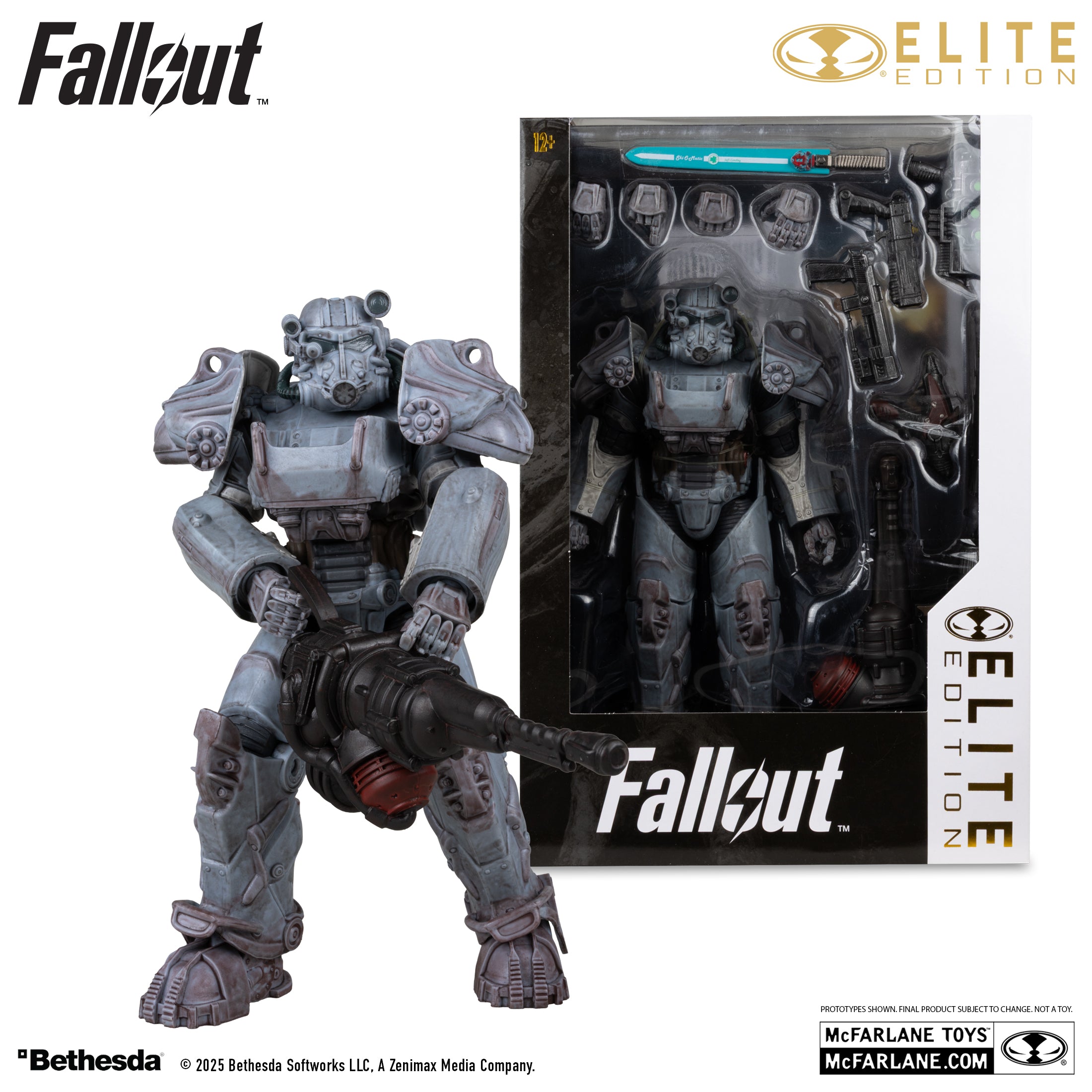 Servoarmadura T-60 empuñando la minigun, con la caja Elite Edition al fondo