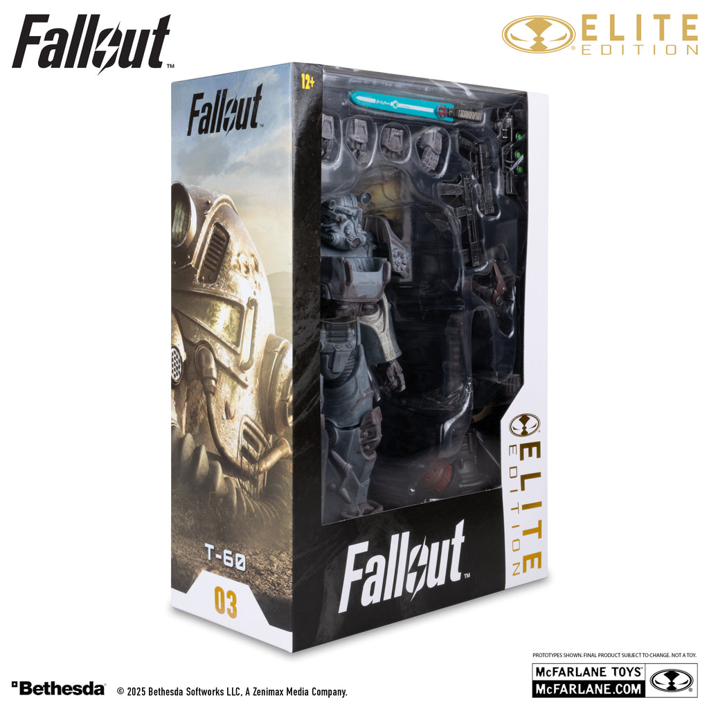 Caja de la servoarmadura T-60 en tres cuartos, con el arte del casco y el número 03 de la Elite Edition