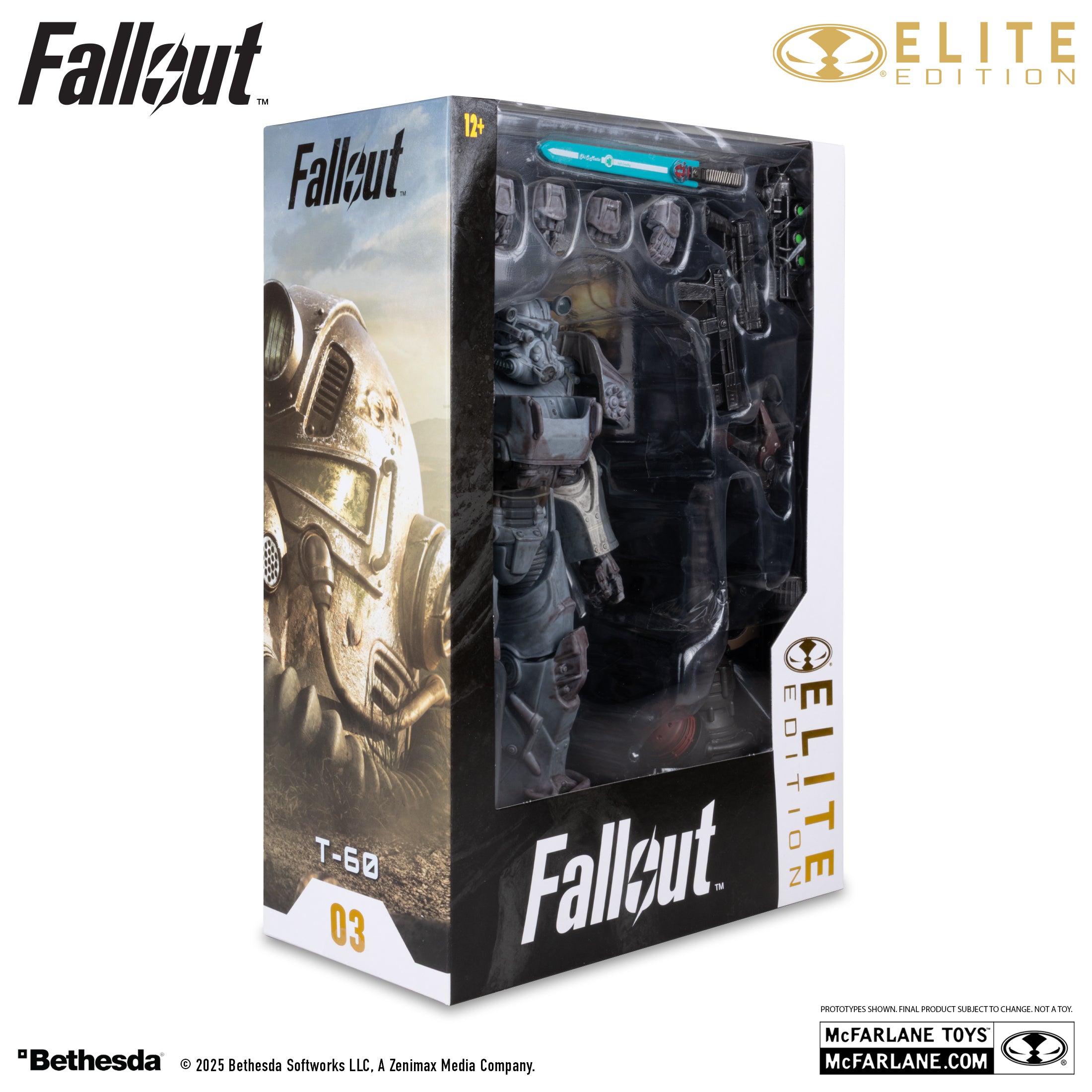 Caja de la servoarmadura T-60 en tres cuartos, con el arte del casco y el número 03 de la Elite Edition