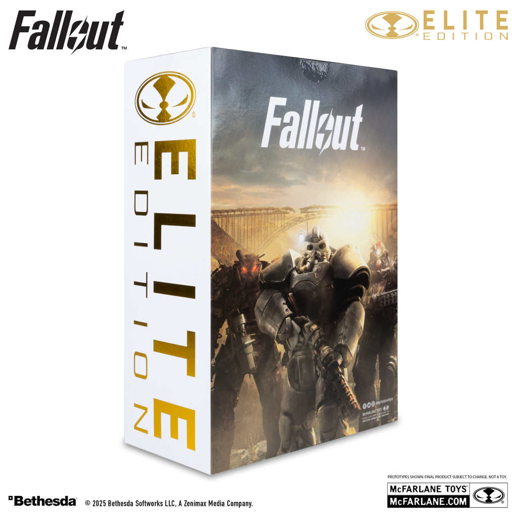 Estuche exterior Elite Edition de la servoarmadura T-60, con el arte de Fallout y el logotipo dorado