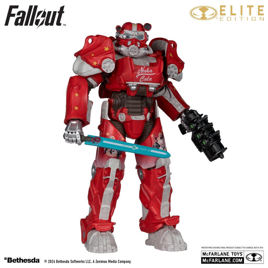 Servoarmadura T-60 Nuka-Cola de cuerpo entero, con la espada de esquí y el arma láser en las manos