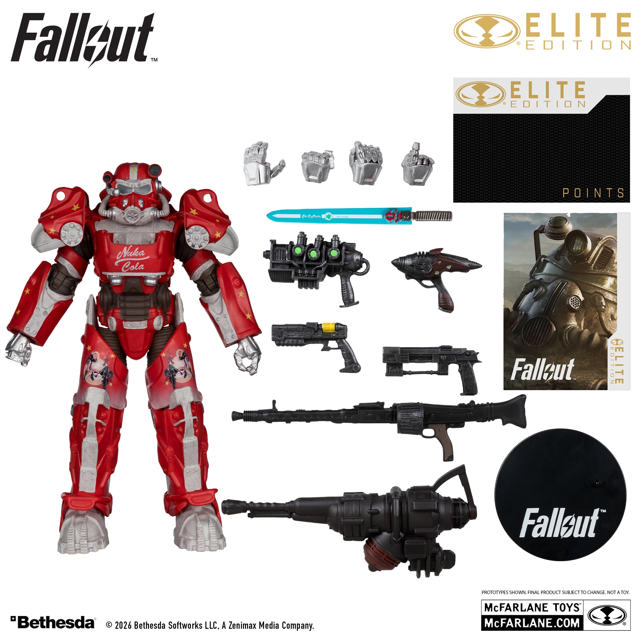 Todos los accesorios incluidos con la T-60 Nuka-Cola: cuatro manos, seis armas, espada de esquí, base, tarjeta de Elite Points y lámina de arte
