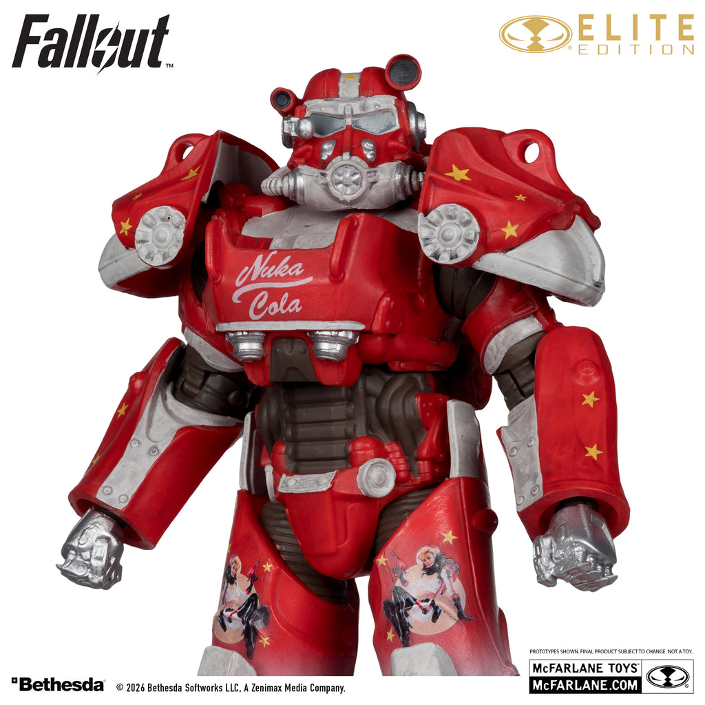 Servoarmadura T-60 Nuka-Cola vista de perfil sobre su base circular