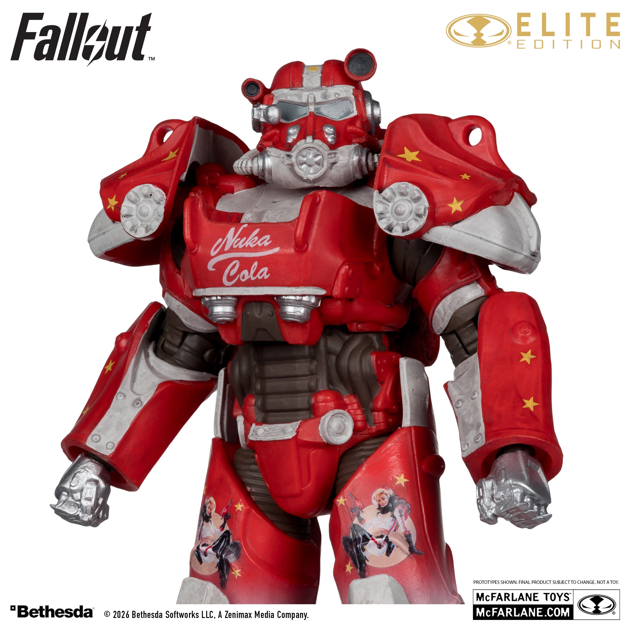 Servoarmadura T-60 Nuka-Cola vista de perfil sobre su base circular