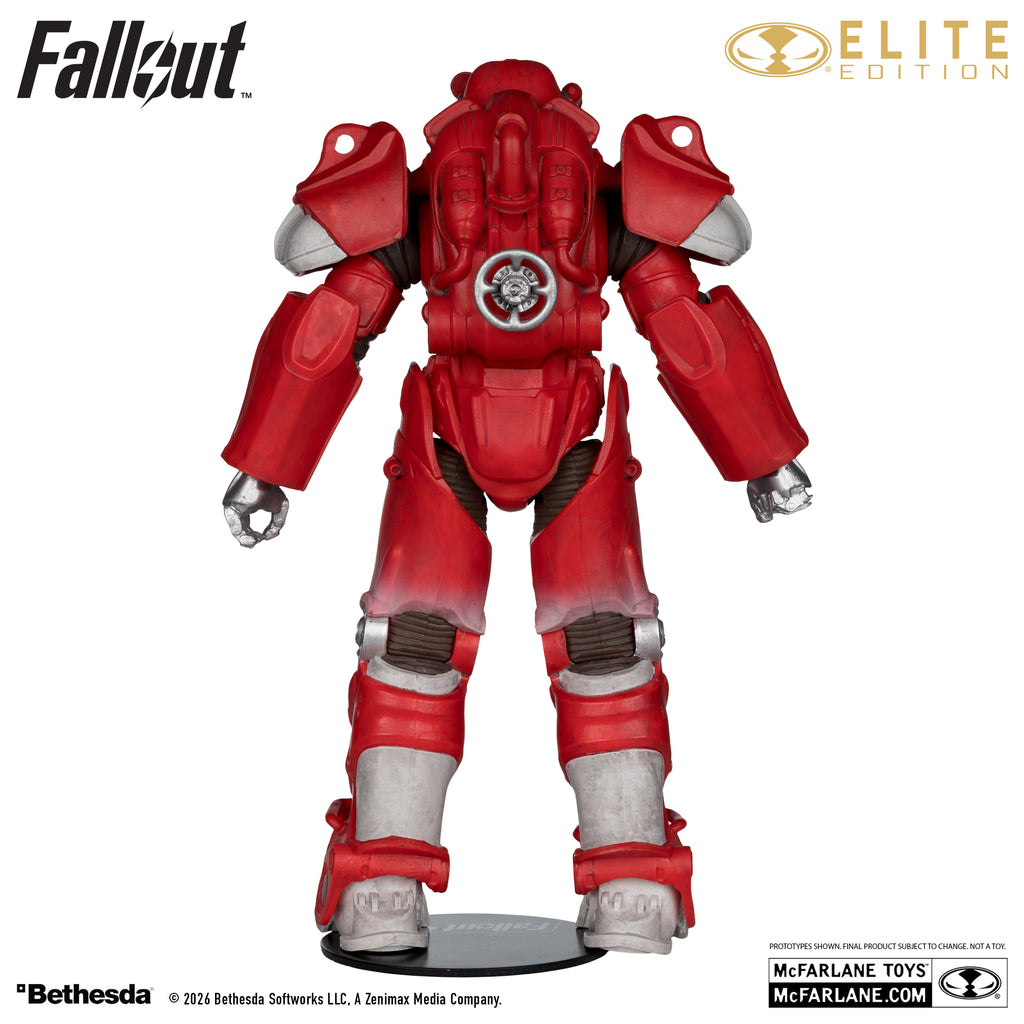 Servoarmadura T-60 Nuka-Cola vista de espaldas, con el núcleo de fusión y las estrellas del logotipo en el blindaje