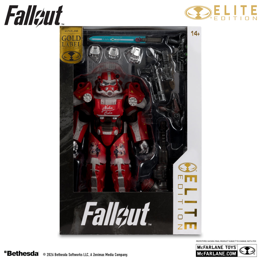 Servoarmadura T-60 Nuka-Cola con la espada de esquí, junto a su caja Elite Edition Gold Label