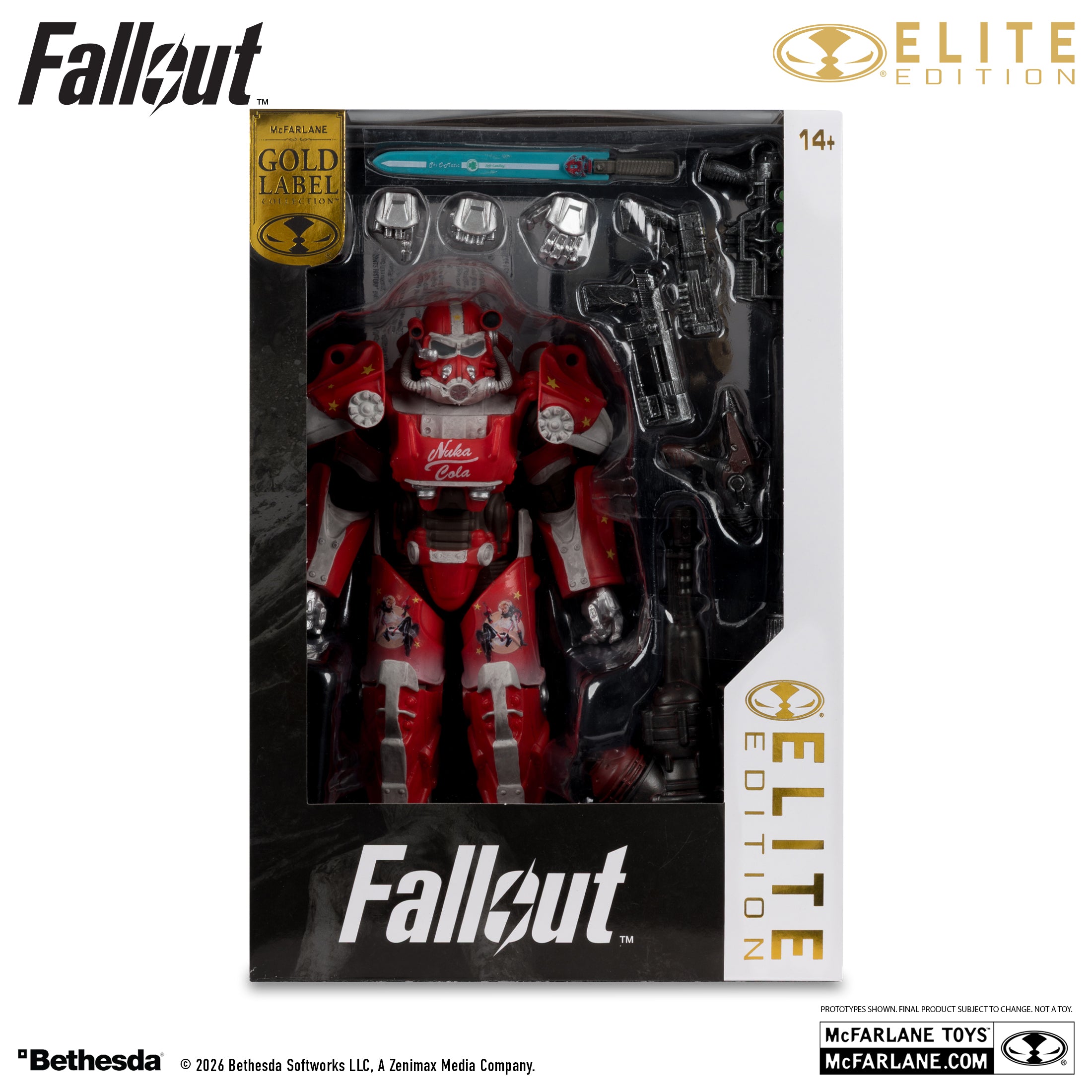 Servoarmadura T-60 Nuka-Cola con la espada de esquí, junto a su caja Elite Edition Gold Label