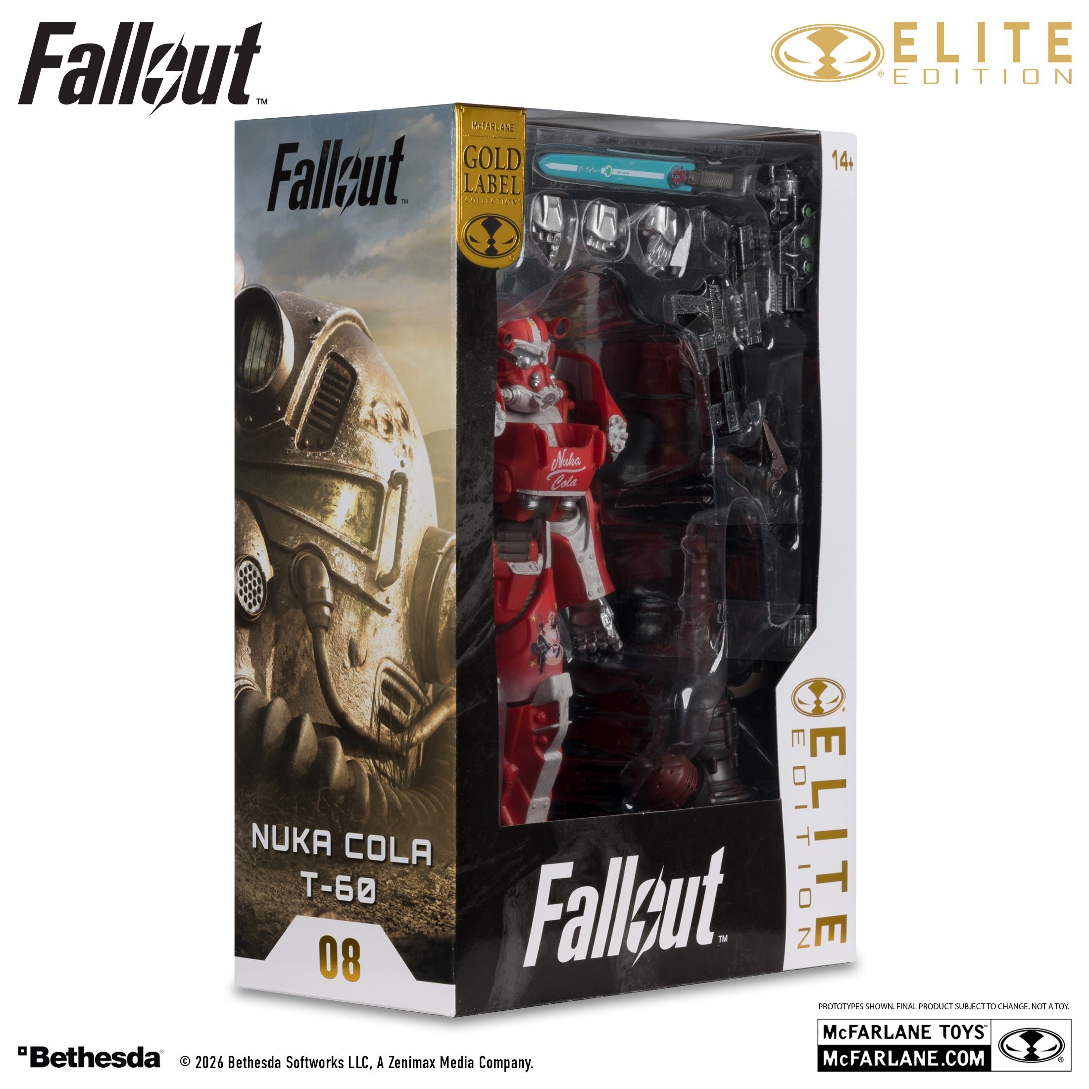 Caja de la T-60 Nuka-Cola en tres cuartos, con el sello Gold Label y el número 08 de la Elite Edition