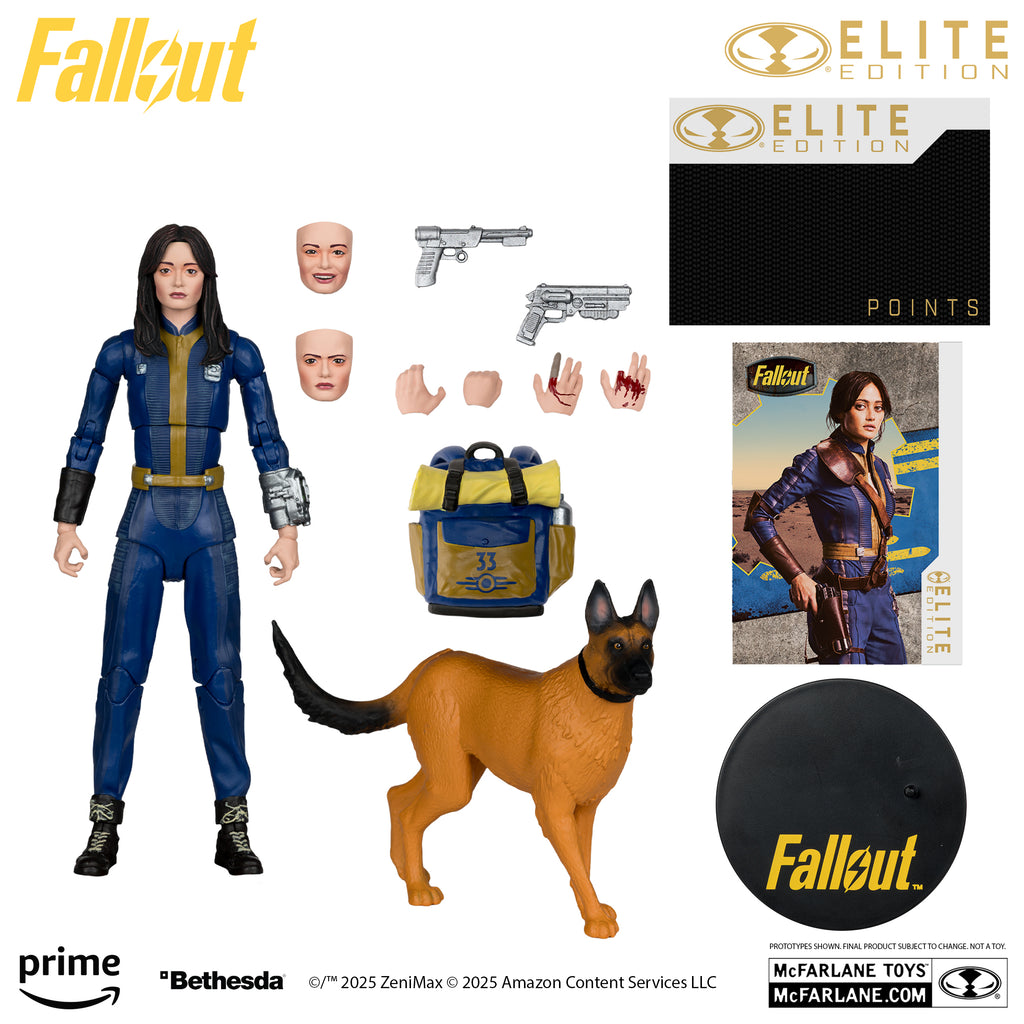 Todos los accesorios incluidos con Lucy MacLean: perro, dos rostros, dos pistolas, cuatro manos, mochila del Refugio 33, base y tarjeta de Elite Points