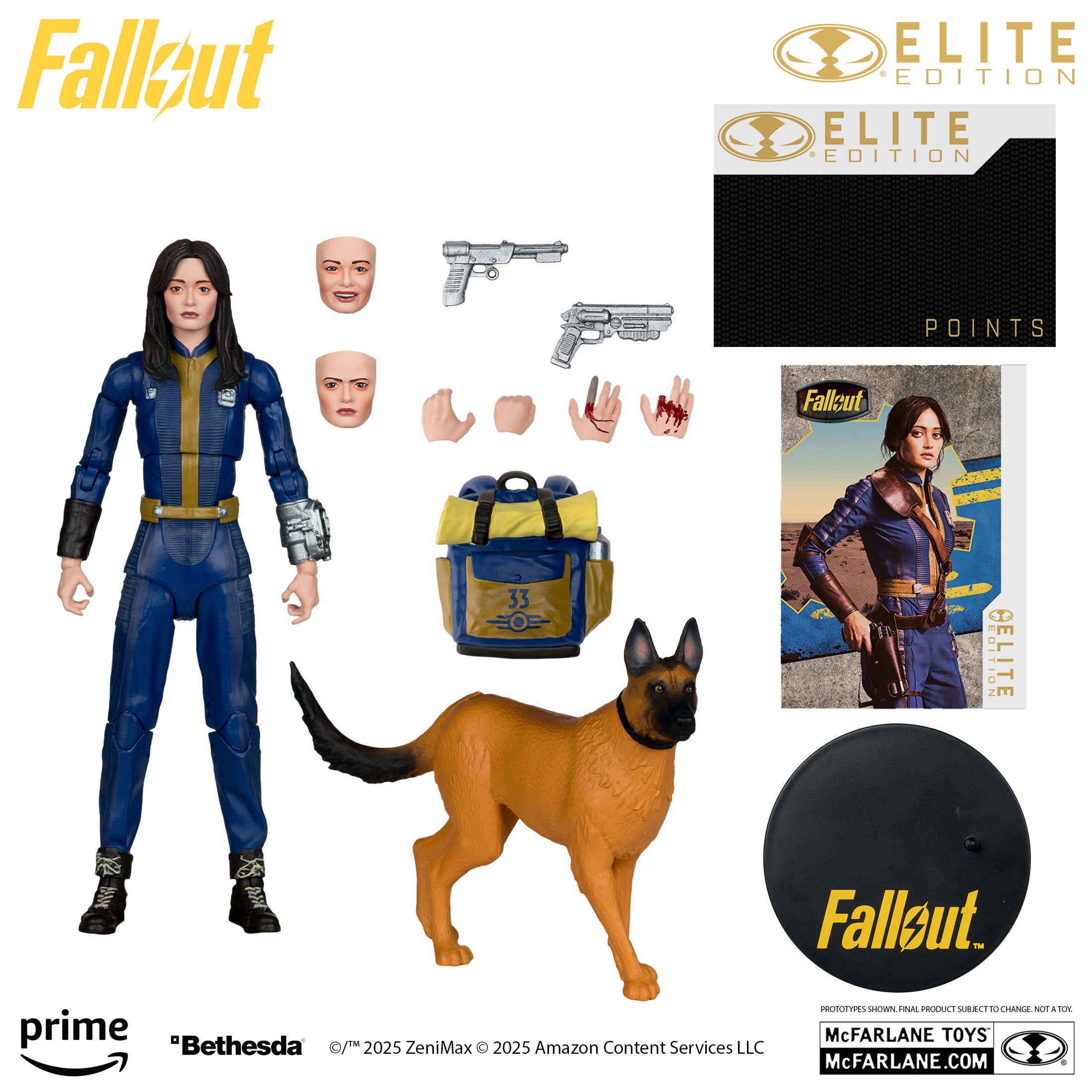 Todos los accesorios incluidos con Lucy MacLean: perro, dos rostros, dos pistolas, cuatro manos, mochila del Refugio 33, base y tarjeta de Elite Points