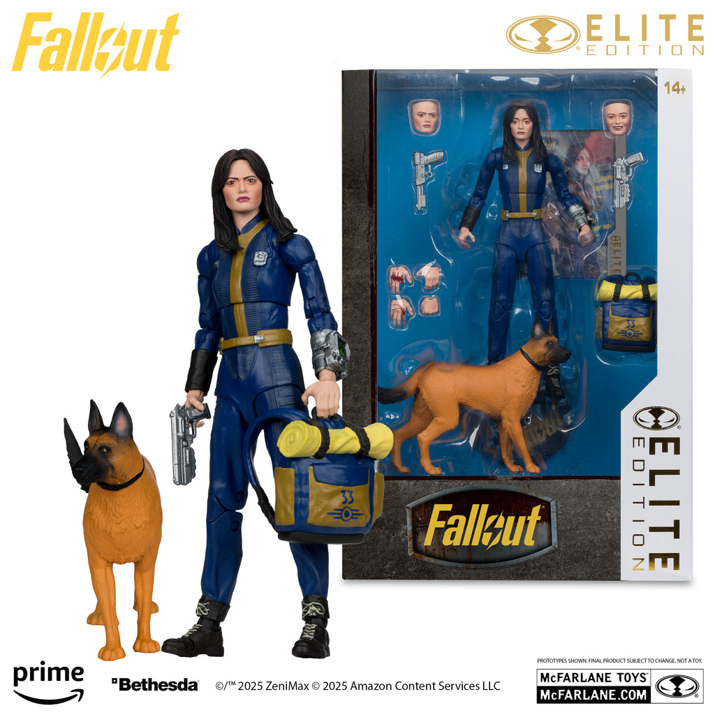 Lucy MacLean y su perro junto a la caja Elite Edition abierta, con los accesorios a la vista