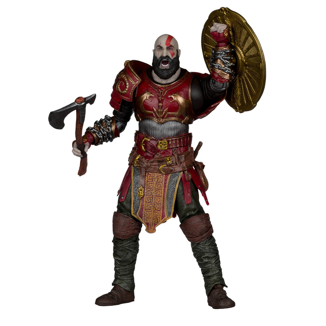 Kratos de cuerpo entero con la Armadura de Ares, el hacha Leviatán y el escudo dorado en alto