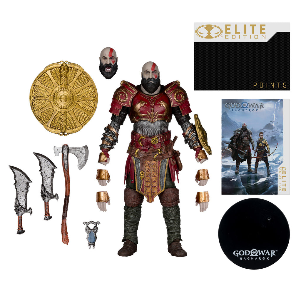 Todos los accesorios incluidos con Kratos: Hojas del Caos, hacha Leviatán, escudo de Ares, cabeza intercambiable, cuatro manos, base y tarjeta de Elite Points