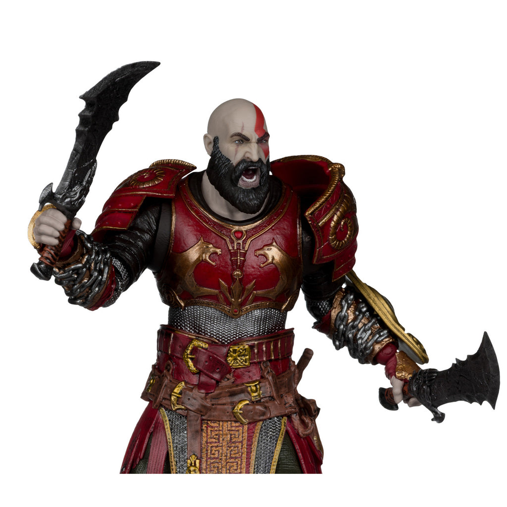 Kratos con la Armadura de Ares de frente, con el peto rojo y dorado sobre la cota de malla