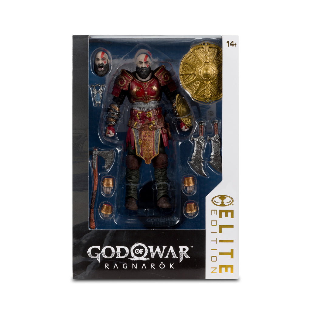 Caja de Kratos con Armadura de Ares de frente, con la ventana que muestra la figura y el escudo dorado