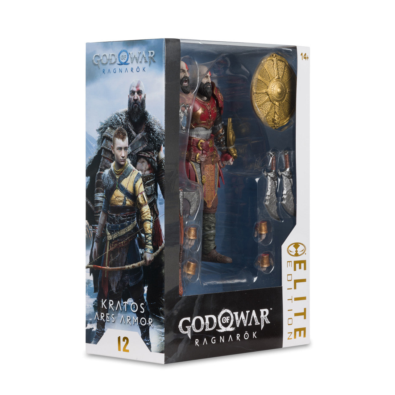 Caja de Kratos en tres cuartos, con el arte lateral y el número 12 de la Elite Edition