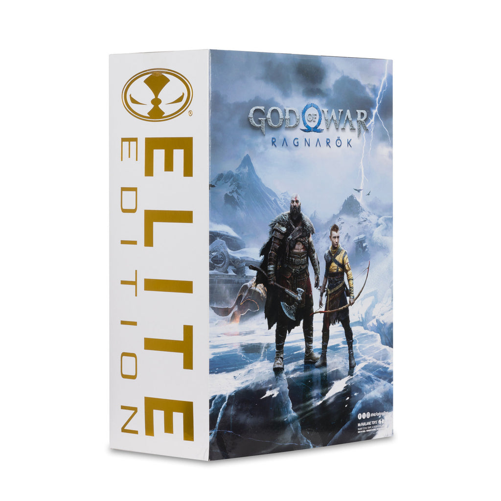 Estuche exterior Elite Edition de Kratos, con el arte de God of War Ragnarök y el logotipo dorado