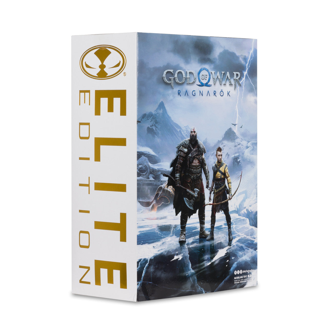 Estuche exterior Elite Edition de Kratos, con el arte de God of War Ragnarök y el logotipo dorado