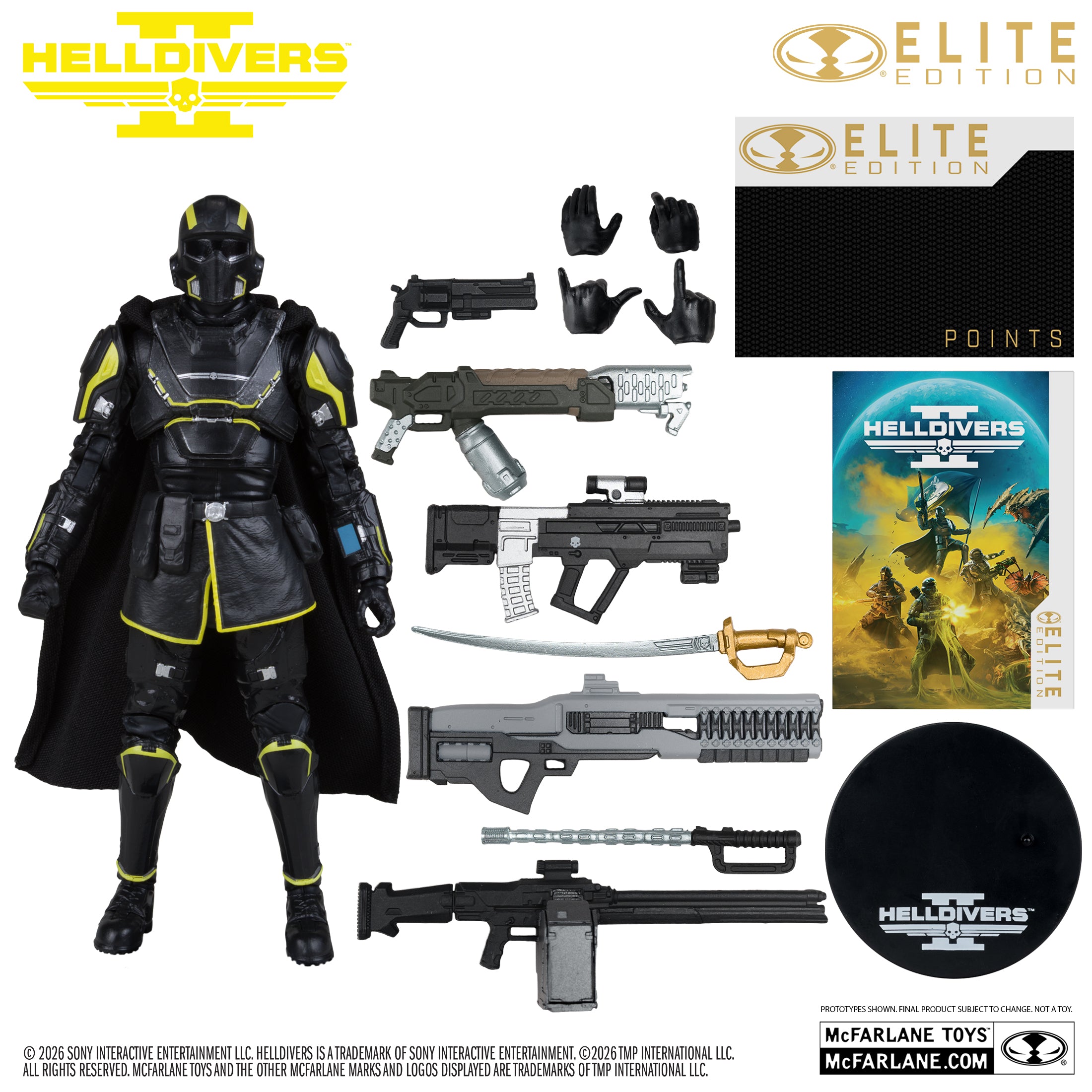 Todos los accesorios incluidos con el B-01 Tactical: siete armas, machete, cuatro manos, base, tarjeta de Elite Points y lámina de arte