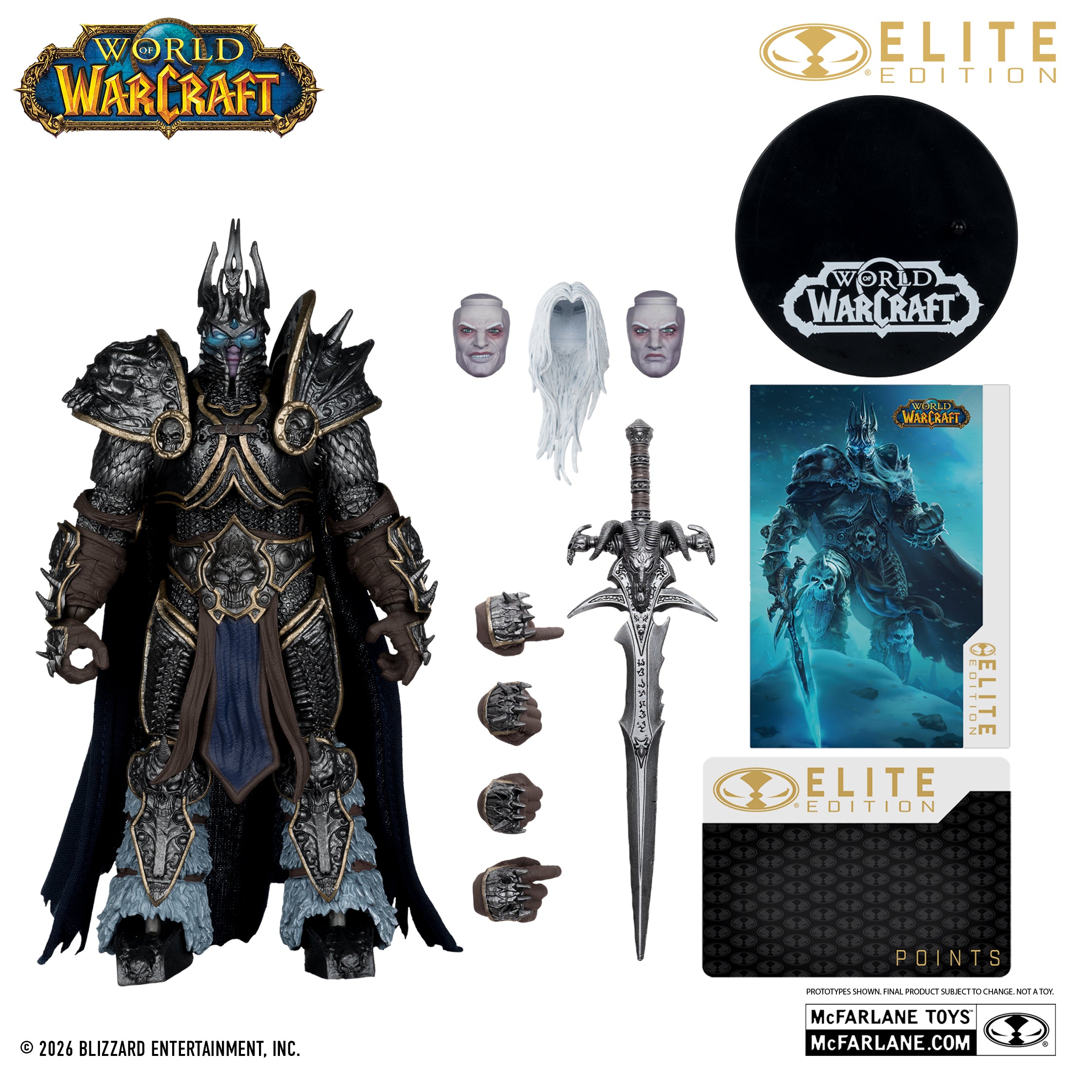 Todos los accesorios incluidos con el Lich King: Frostmourne, dos rostros, cabellera, cuatro manos, base y tarjeta de Elite Points