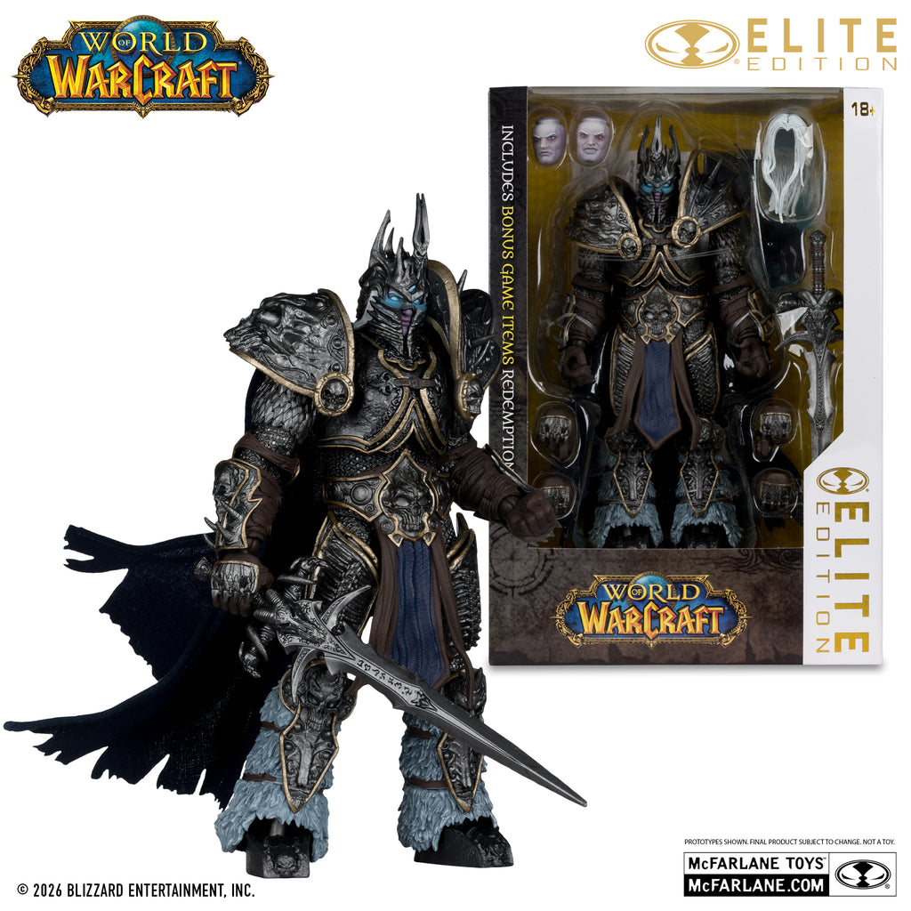 The Lich King empuñando Frostmourne, junto a su caja Elite Edition