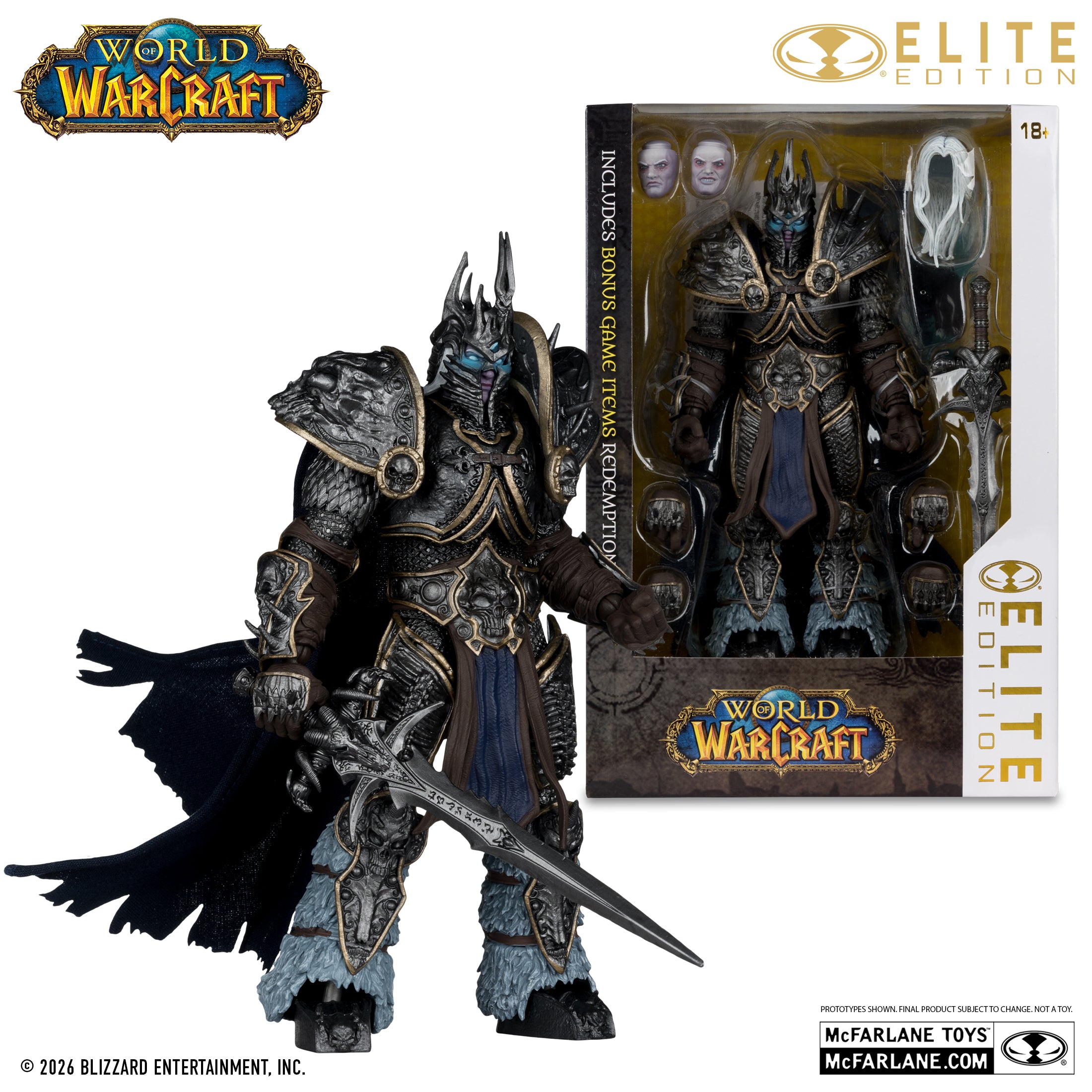 The Lich King empuñando Frostmourne, junto a su caja Elite Edition