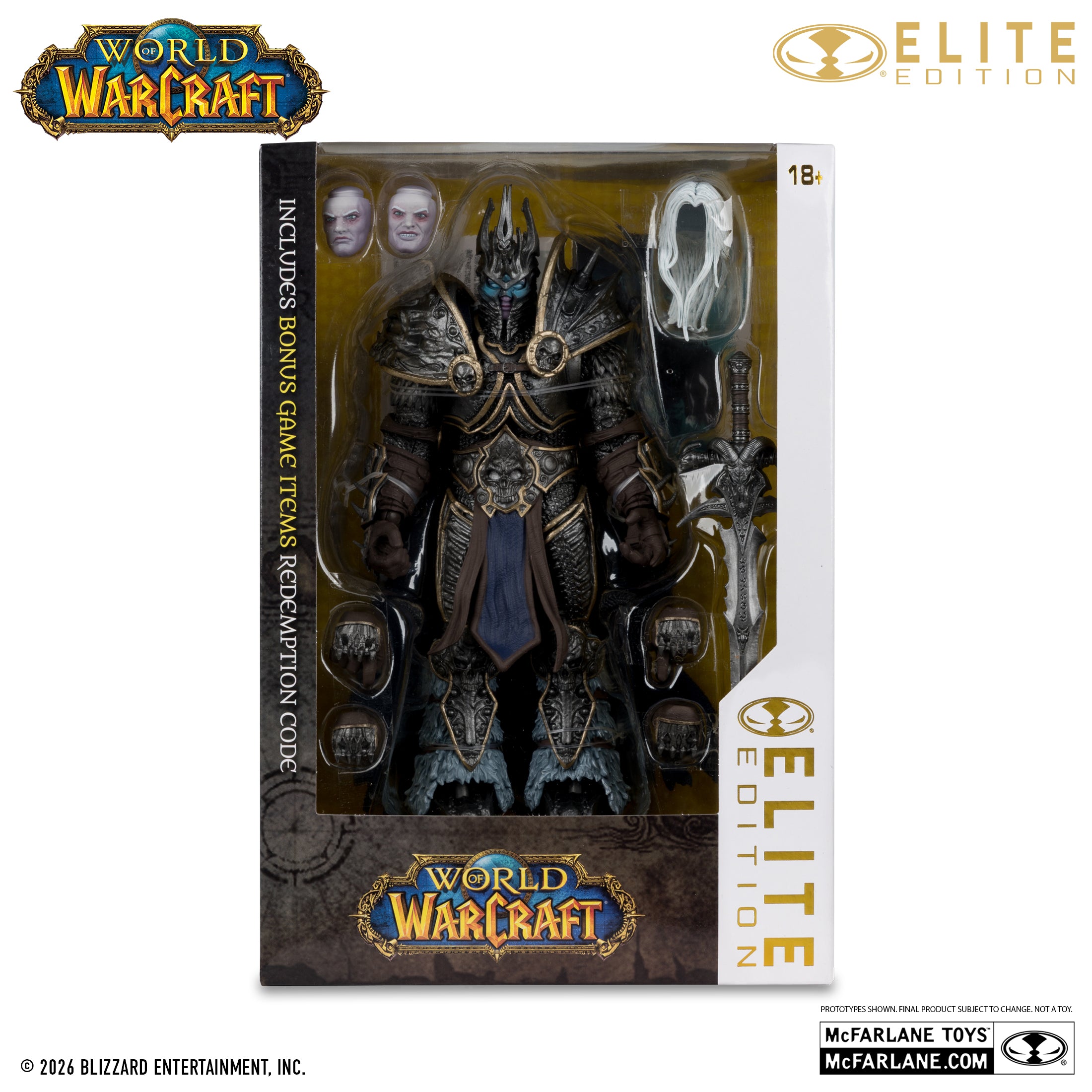 Caja del Lich King de frente, con la ventana que muestra la figura, la espada y los rostros de repuesto