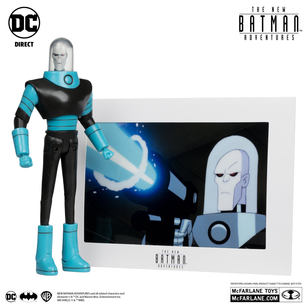 Mr. Freeze de cuerpo entero junto a la tarjeta de arte de The New Batman Adventures