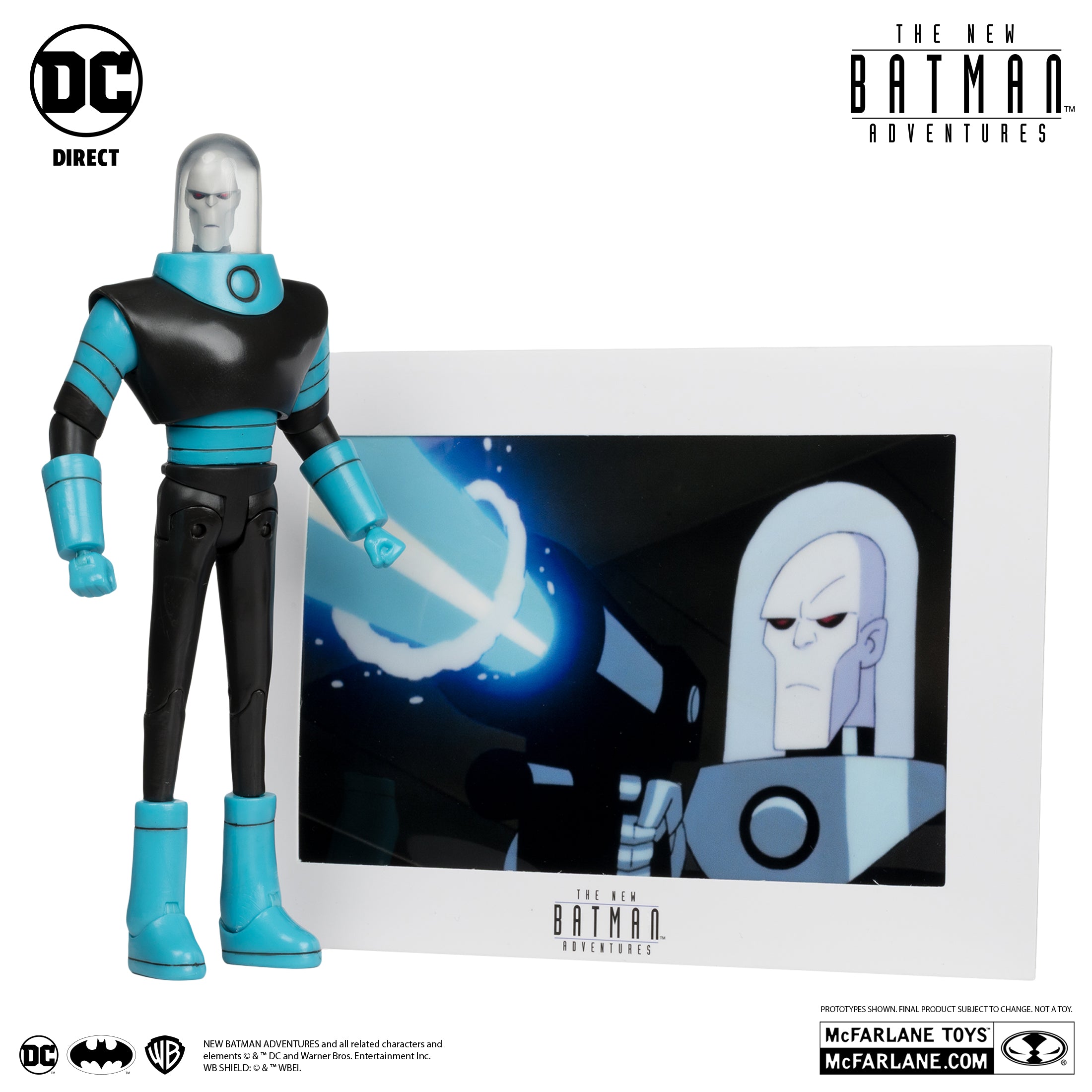 Mr. Freeze de cuerpo entero junto a la tarjeta de arte de The New Batman Adventures