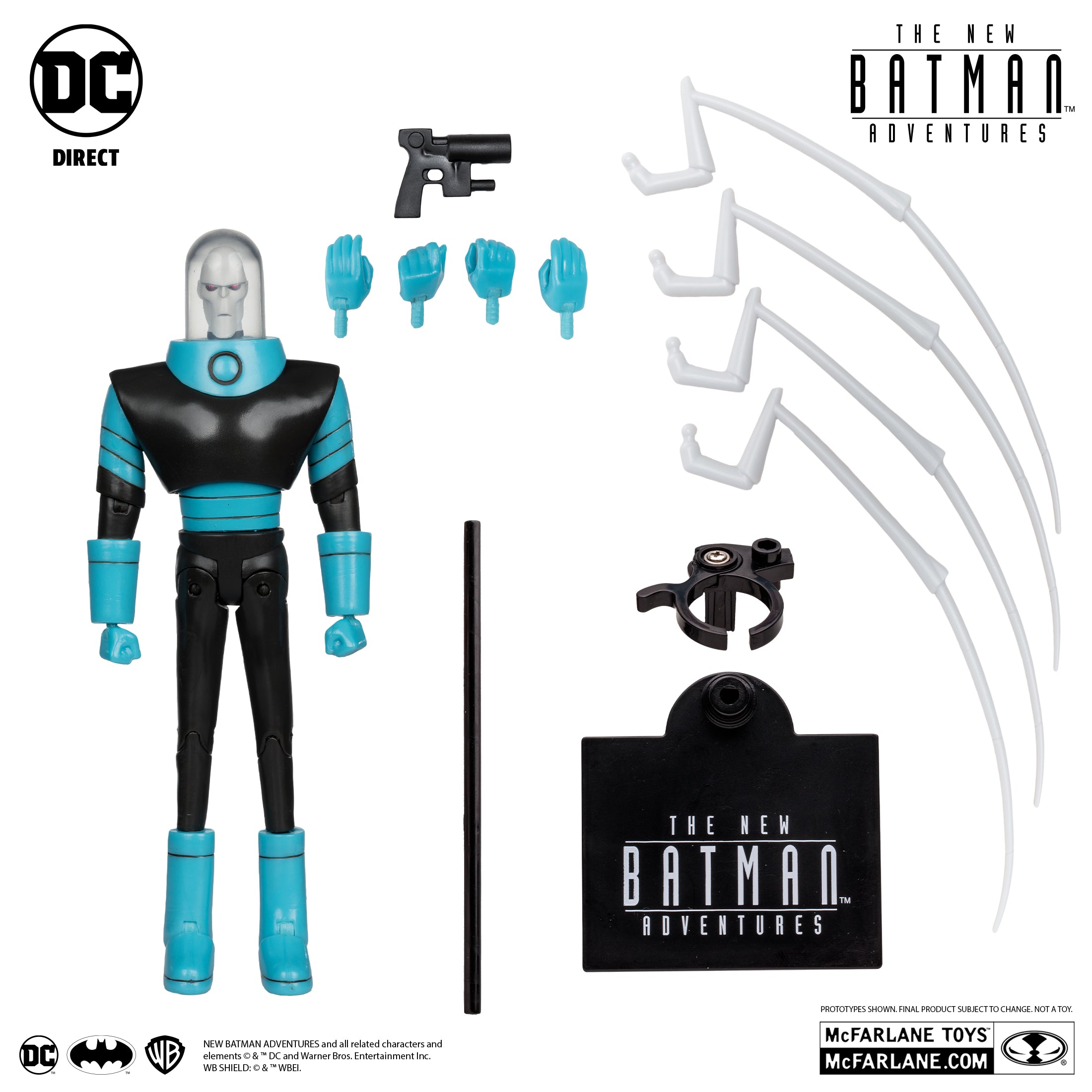Todo lo que incluye Mr. Freeze: figura, cuatro patas de araña, pistola de hielo, cuatro manos, soporte y tarjeta de arte