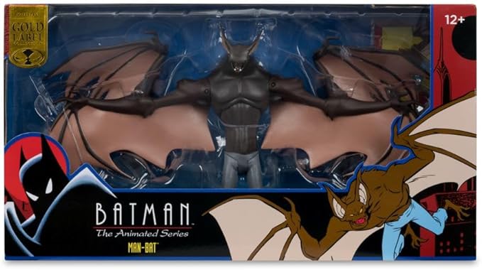 Caja de Man-Bat de frente, con la ventana que muestra la figura con las alas desplegadas