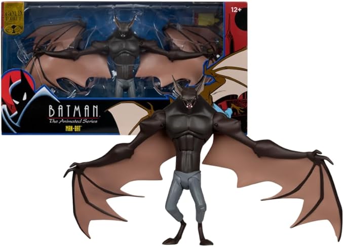 Man-Bat de Batman: The Animated Series con las alas extendidas, junto a su caja Gold Label