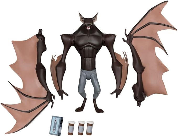Todo lo que incluye Man-Bat: figura, dos pares de brazos con alas, grabadora de casete y tres frascos de suero
