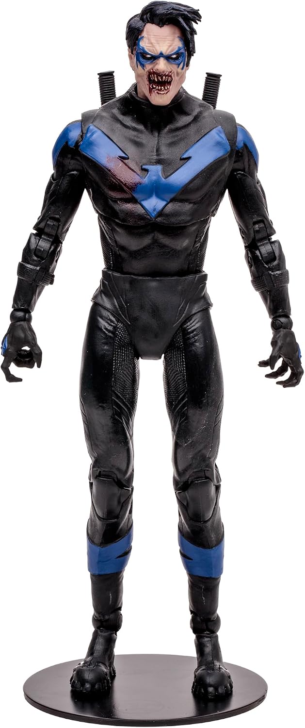 Nightwing vampiro visto de espaldas, con el traje negro y las franjas azules