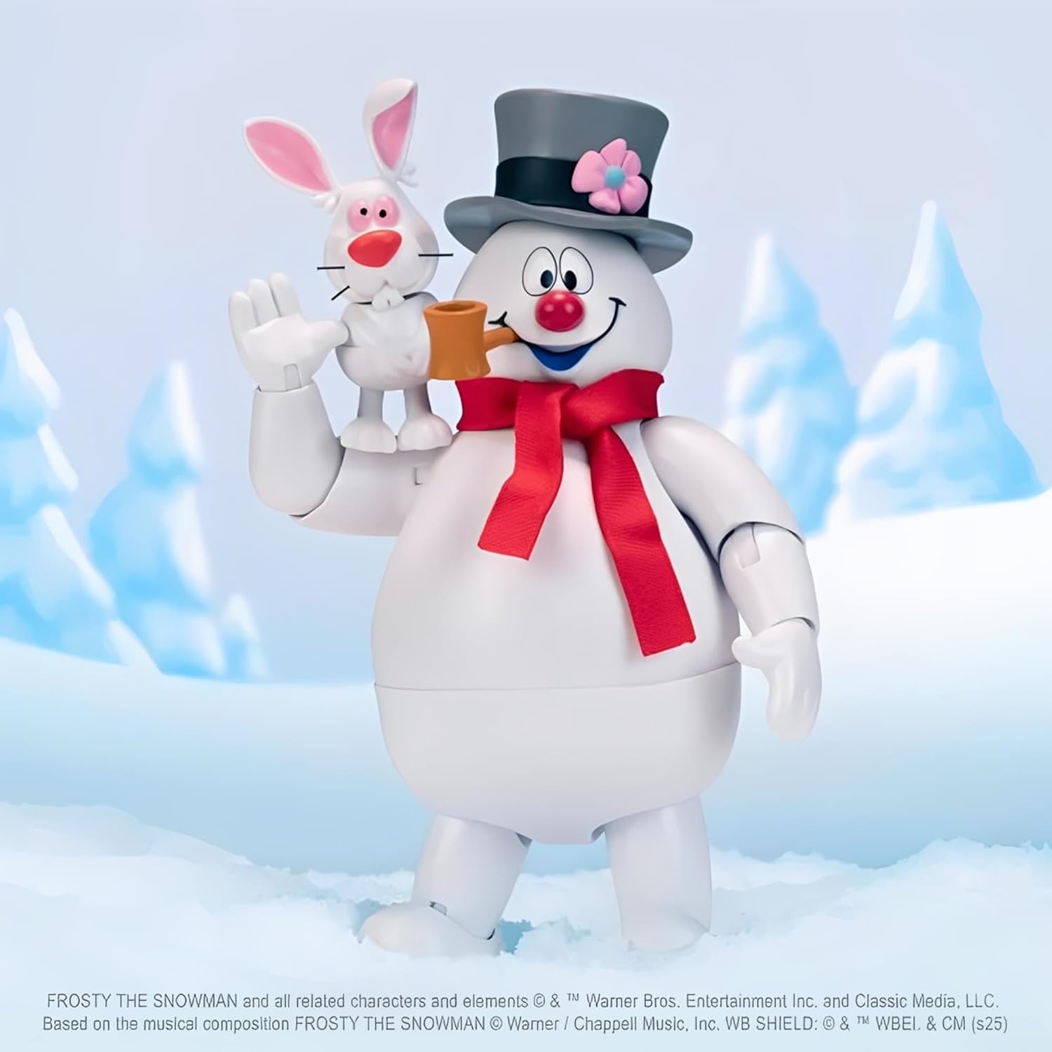 Frosty the Snowman con la escoba, vista ambientada en el paisaje nevado