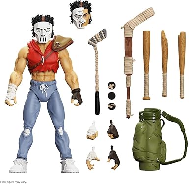 Casey Jones Mirage de Super7 en pose de combate con el palo de hockey y la bolsa de golf a la espalda