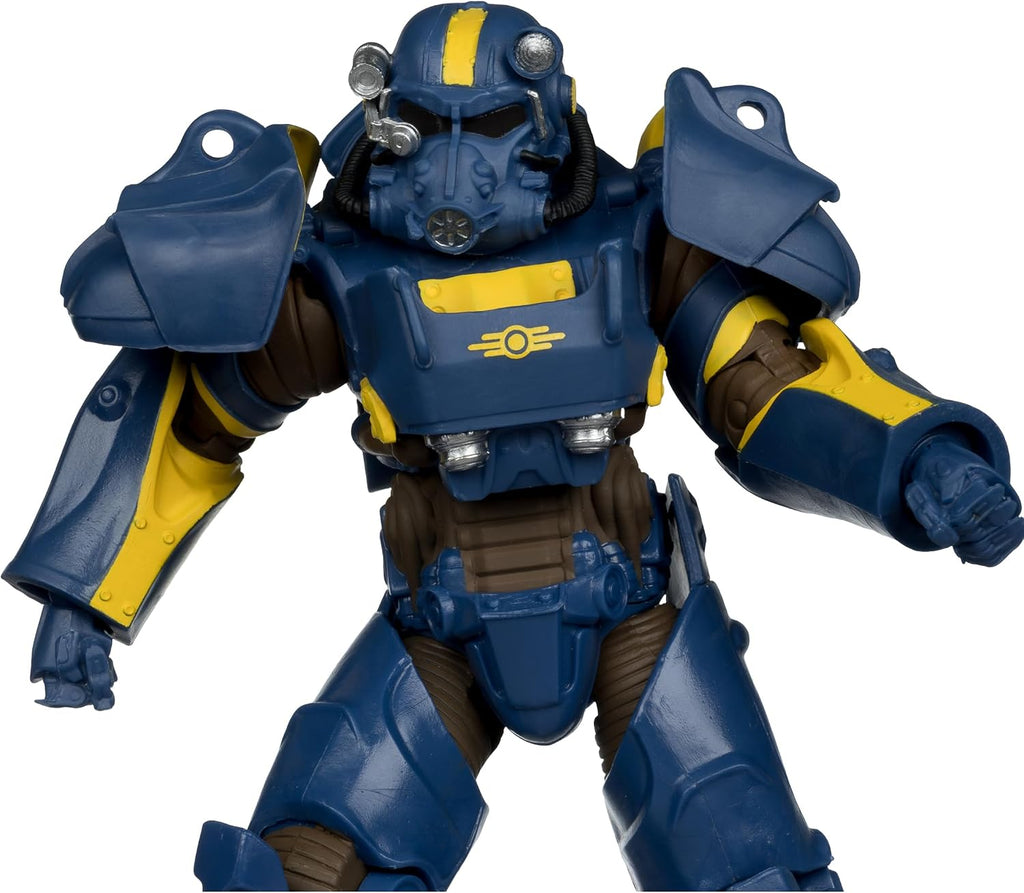 Acercamiento a la servoarmadura T-60 Vault Tec McFarlane en azul y amarillo