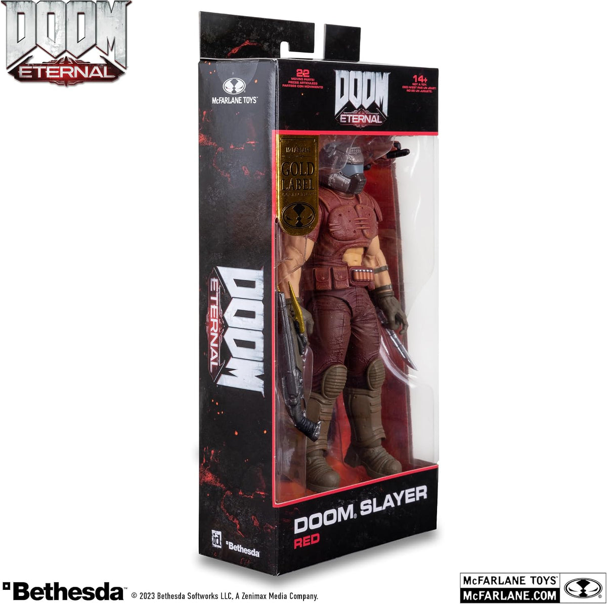 Caja de ventana del Doom Slayer Red Gold Label McFarlane, vista frontal en ángulo