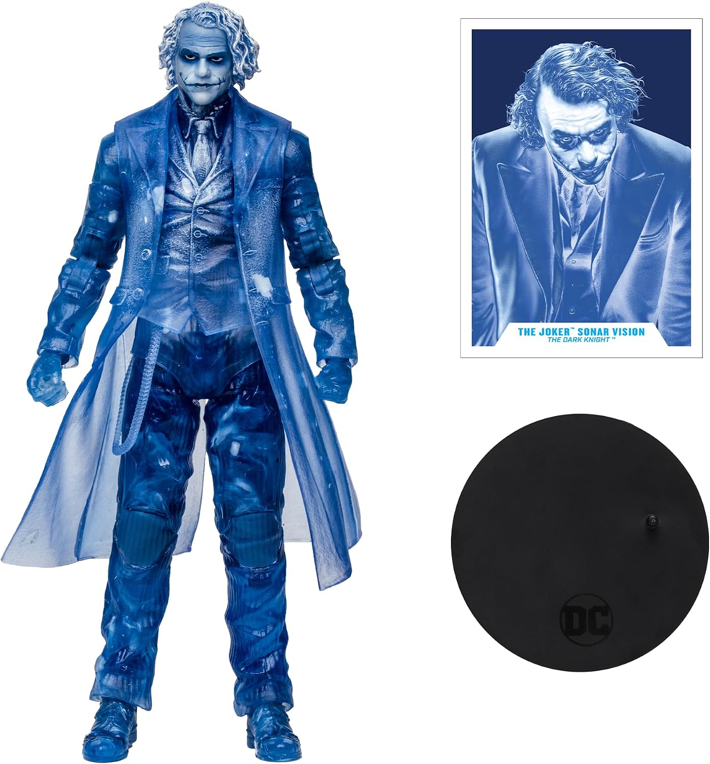 The Joker Sonar Vision junto a su caja, figura completa en resina azul translúcida