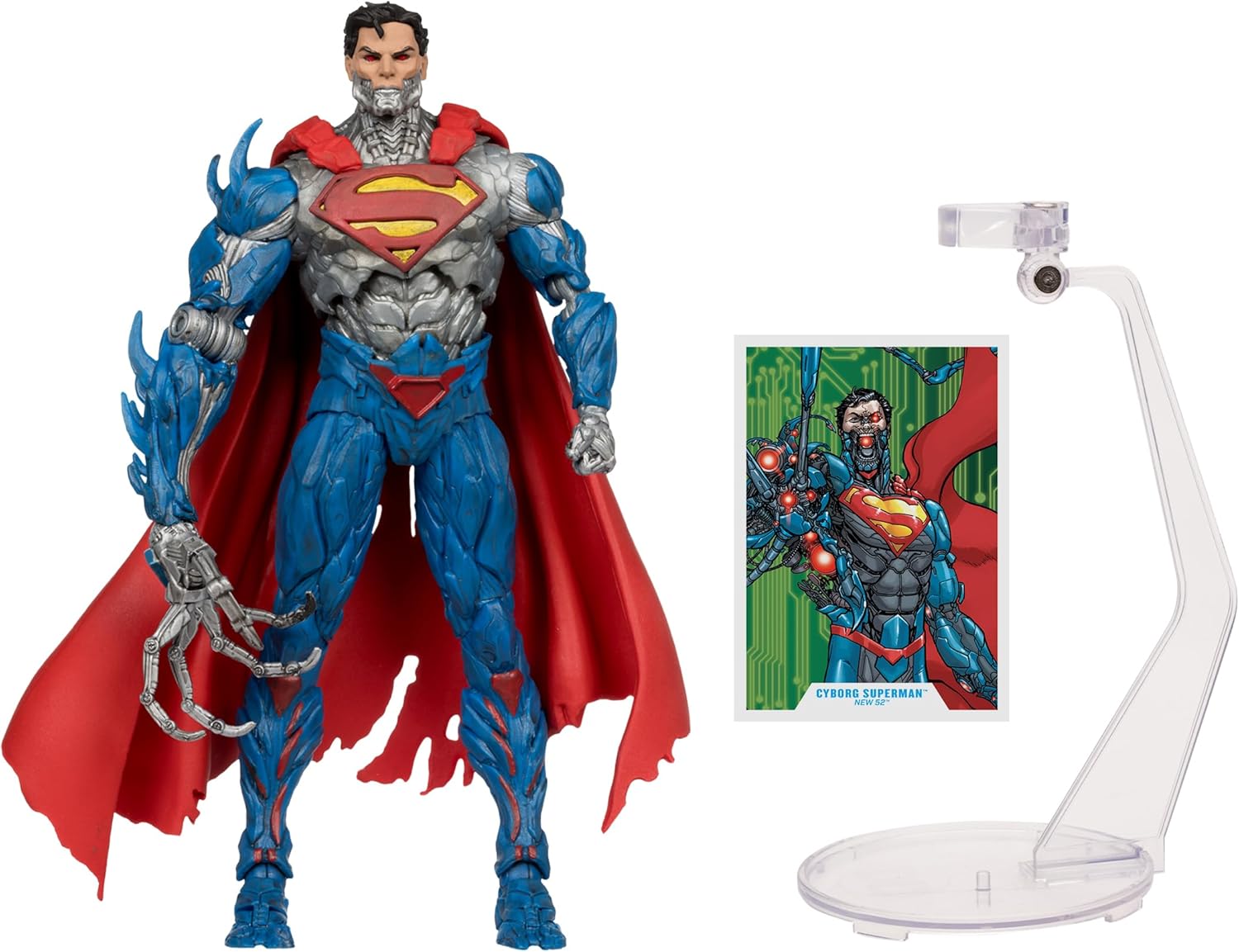 Cyborg Superman New 52 de McFarlane con brazo mecánico extendido, base de vuelo y tarjeta coleccionable