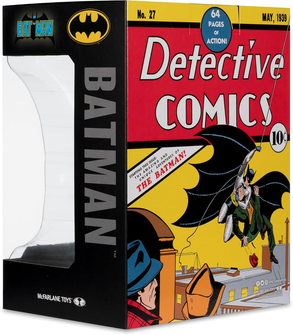 Réplica de capucha de Batman en negro mate sobre base con placa Detective Comics #27 de 1939