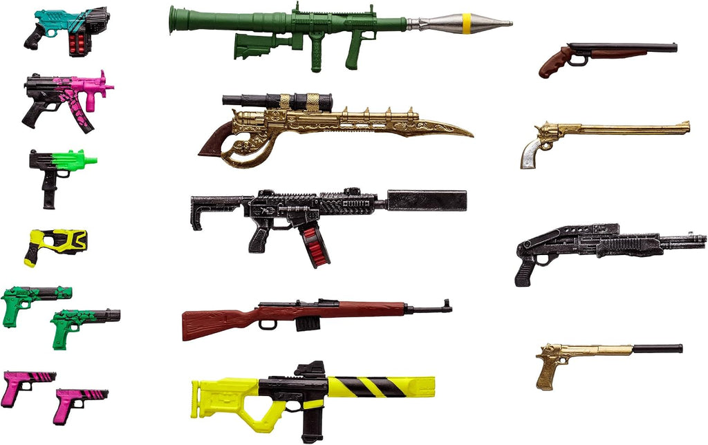 Los 17 accesorios del Deluxe Accessory Pack III desplegados: armas de fuego, espadas, bate con clavos y piezas de energía en verde translúcido