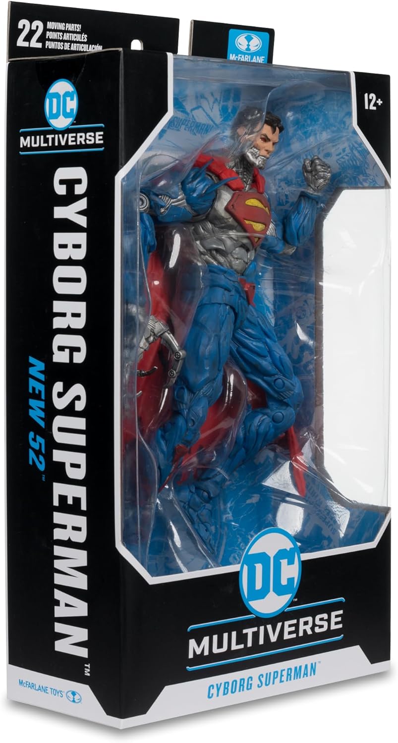 Caja sellada del Cyborg Superman New 52 de McFarlane, vista de tres cuartos con el lomo