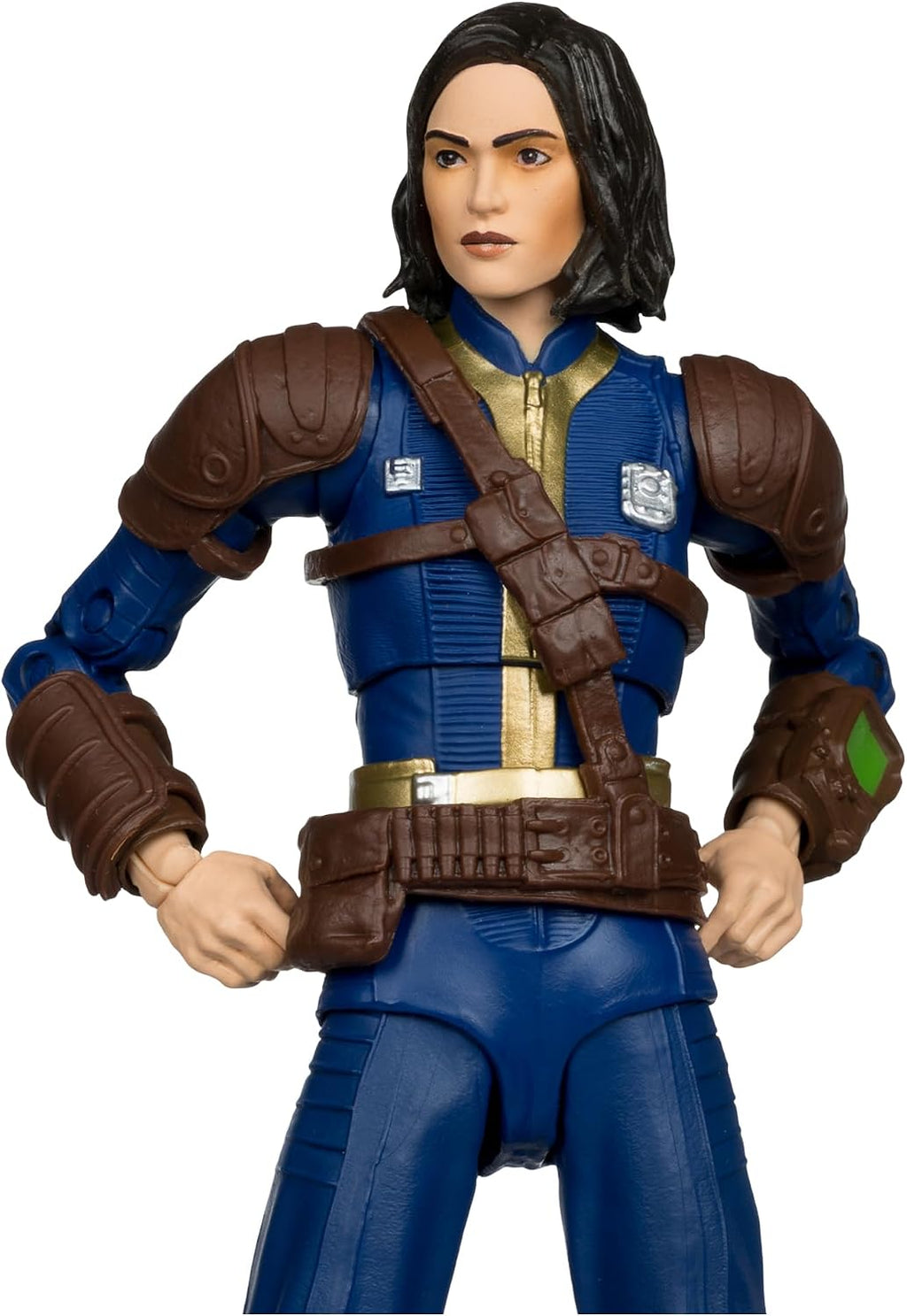 Acercamiento a la Sole Survivor McFarlane Fallout 4 con traje del Refugio y correas de cuero